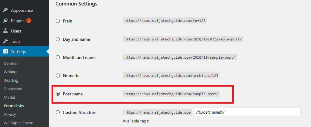 WordPress Permalink in Settings