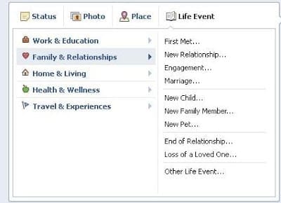 Facebook Like Event Options for Family and Relationships