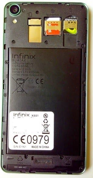 Inside the Infinix Hot Note showing the SIM slots