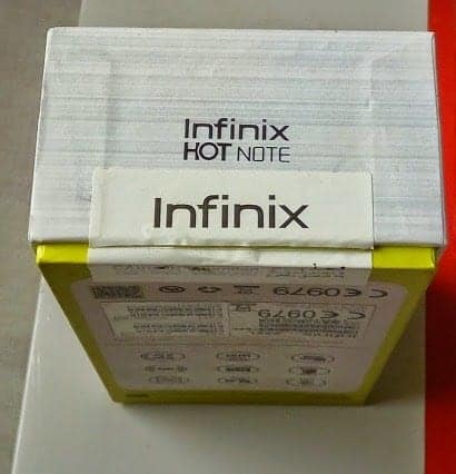 Infinix Hot Note Box Showing the adhesive tape