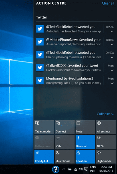 Windows 10 Action Center with Notifications