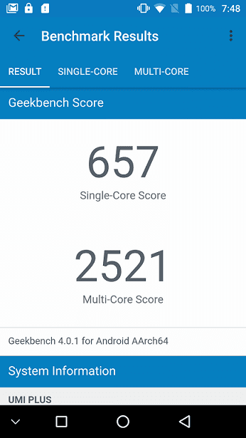 Geekbench 4 score for UMi Plus