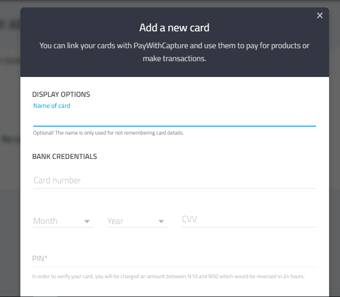Enter New Card Details on PayWithCapture App