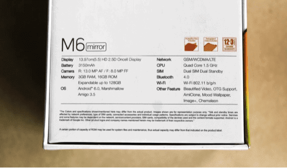 Rear of Gionee M6 Mirror Box showing Specs 