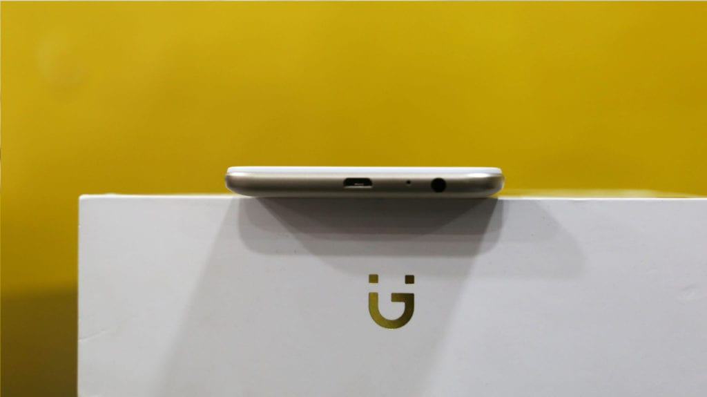 Gionee A1 Lite bottom showing the mouthpiece, USB port, and 3.5mm Audio jack