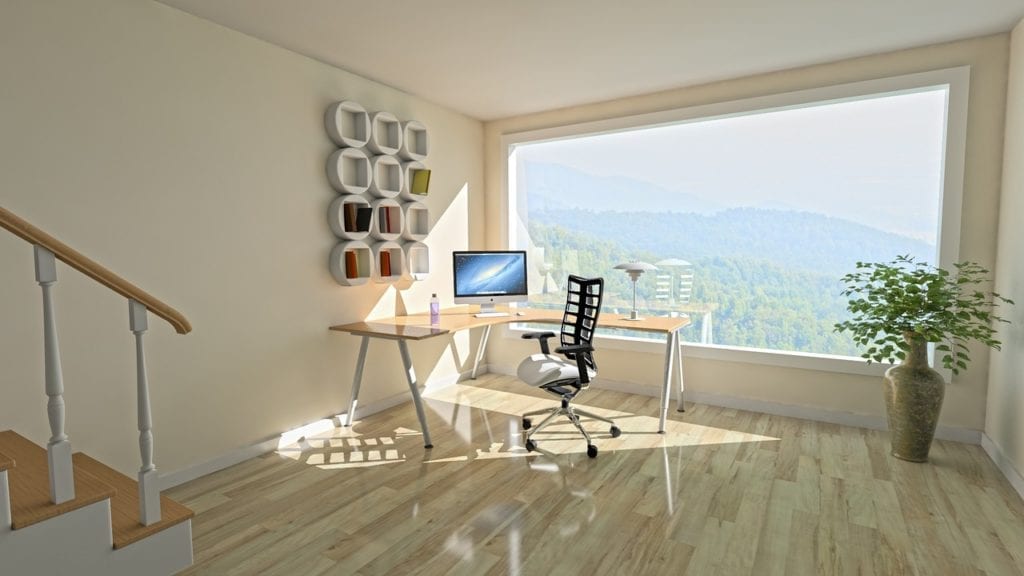 Home office with beautiful view of the mountains and modern, sleek decor