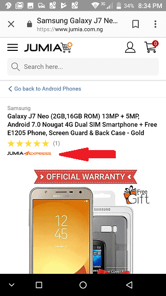 Jumia Express Label on a Product page on Mobile