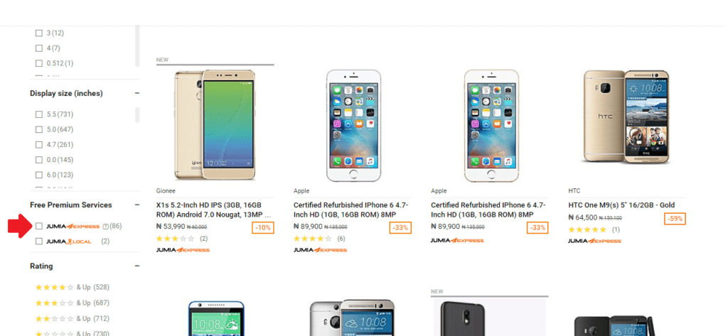 A Jumia Express Filter on a Category page