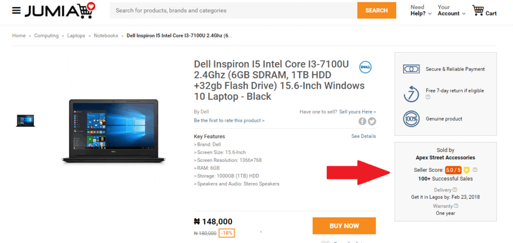 Jumia Seller Rating on Product Page