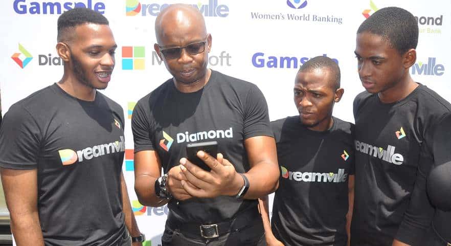 Uzoma, CEO, Diamond Bank Plc and some Cool Teens at the Launch of Dreamville (An Educational and Gamification platform designed for youths) held in Lagos recently