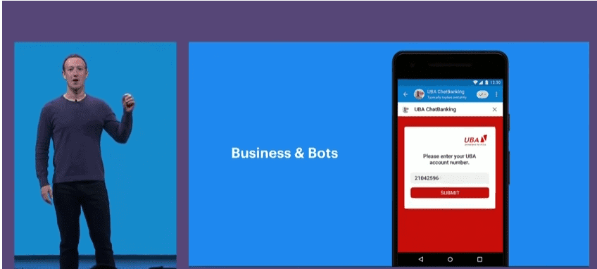 Zuckerberg feature Leo, UBA ChatBanking Chatbot as Delivers his Keynote at Facebook's 2018 F8 Developer Conference