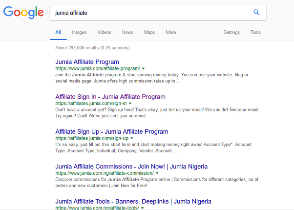 Search Jumia Affiliate on Google