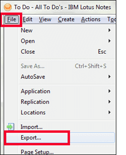 3. From the Menu, click on File and select the Export option - Lotus Notes