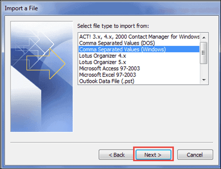 After that, from the next window, select Comma Separated Values(Windows) option from the list and click Next - Lotus Notes