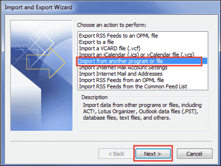 The Import and Export Wizard will open on the screen. Select “Import from another program or file” option from the list and then, click Next - Lotus Notes