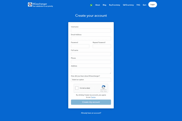 NGExchanger Create Account