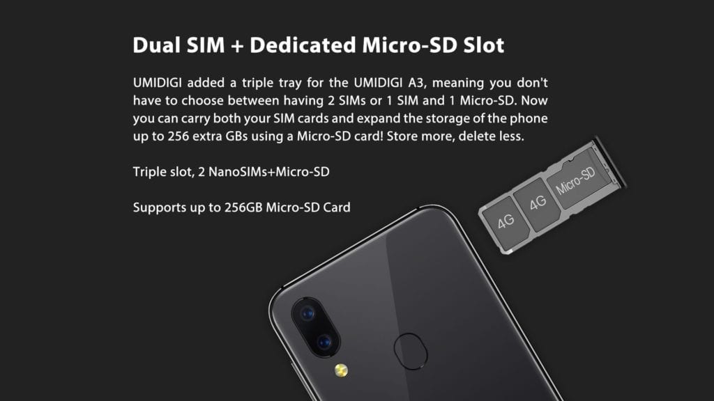 UMIDIGI A3 features Triple Slots - Dual VoLTE and Dedicated slot for microSD memory card