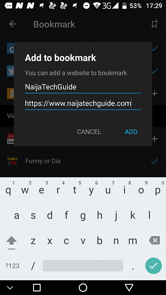 Add a site to Bookmark on Snaptube