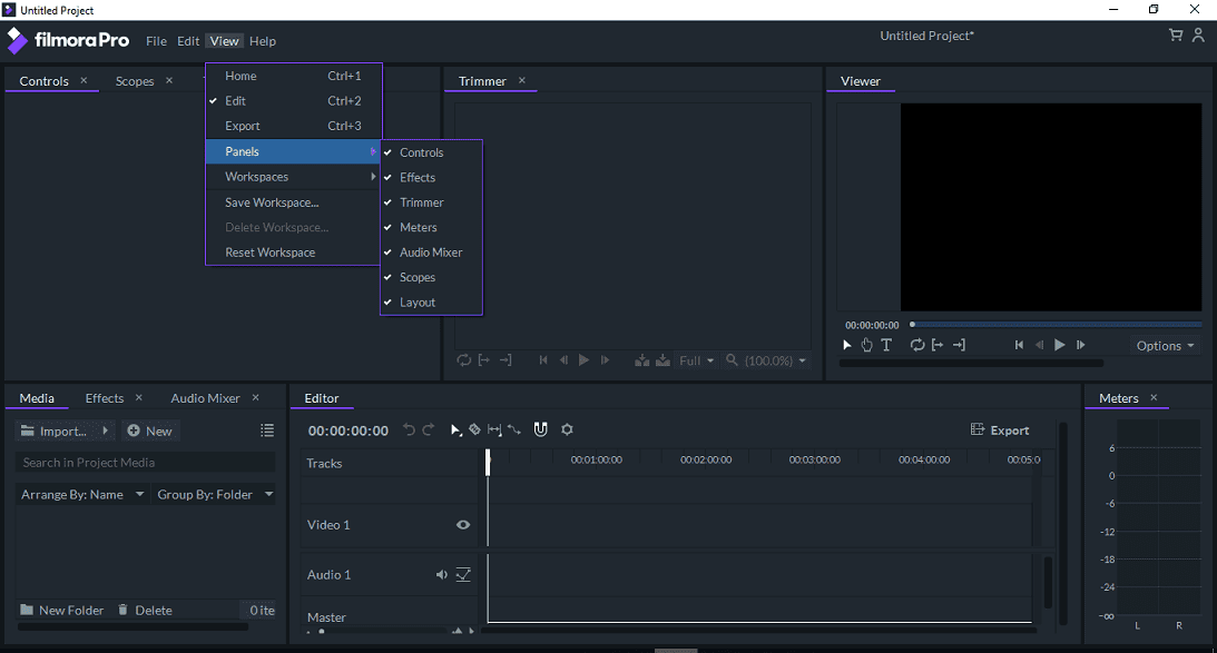 Filmora Pro Adding and Removing Panels