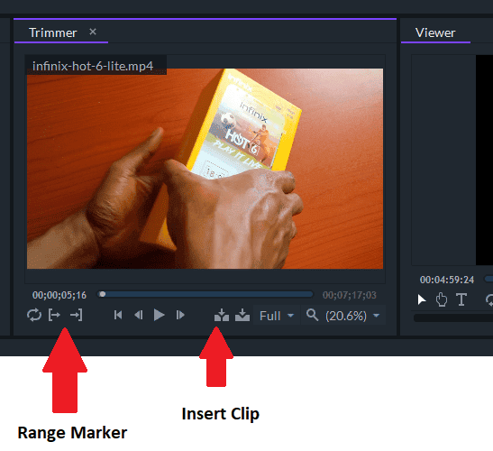 Filmora Pro Trimmer view showing the Range Marker and Insert Clip Buttons