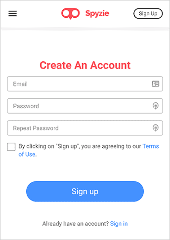 Spyzie Signup Screenshot