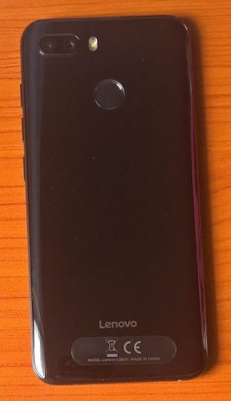 Lenovo K5 play rear view showing the dual camera, dual LED flash, and rear fingerprint sensor