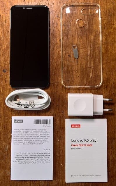 Inside the Lenovo K5 Play Box you find the Charger, Phone Cover, SIM ejector Pin, etc