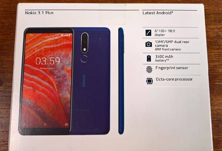 Back of Nokia 3.1 Plus showing key specs