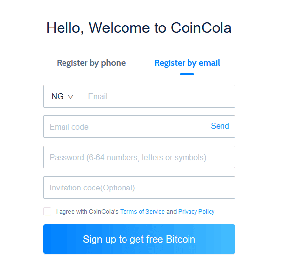 CoinCola Signup Page by email