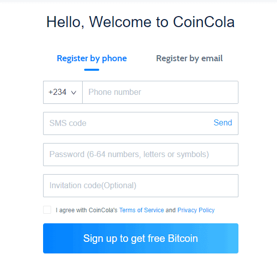 CoinCola Signup Page by phone