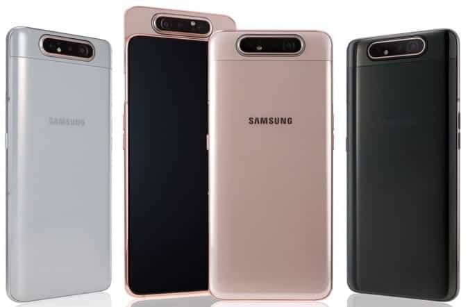 Samsung Galaxy A80 showing the camera with motorized popup and rotate function