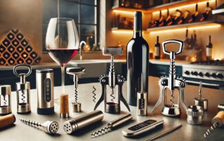 A collection of wine gadgets on a kitchen countertop.