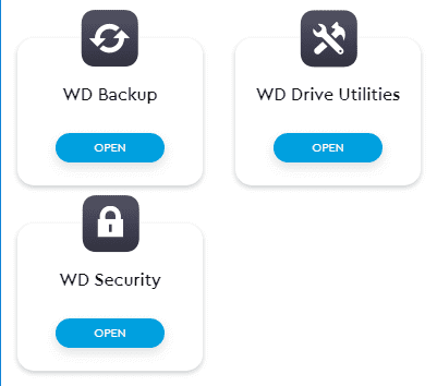 Shortcuts after installing WD Security, WD Backup, and WD Drive Utilities