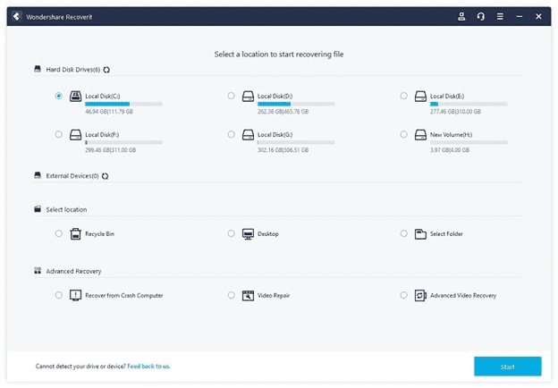 Select your SD Card or Memory Card Storage with Wondershare Recoverit