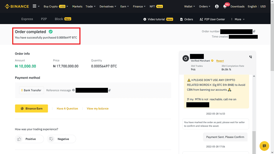 Binance P2P Order Completed Successfully