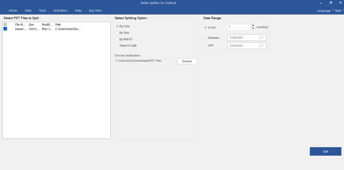 Splitting PST Files by Date with Stellar Splitter for Outlook