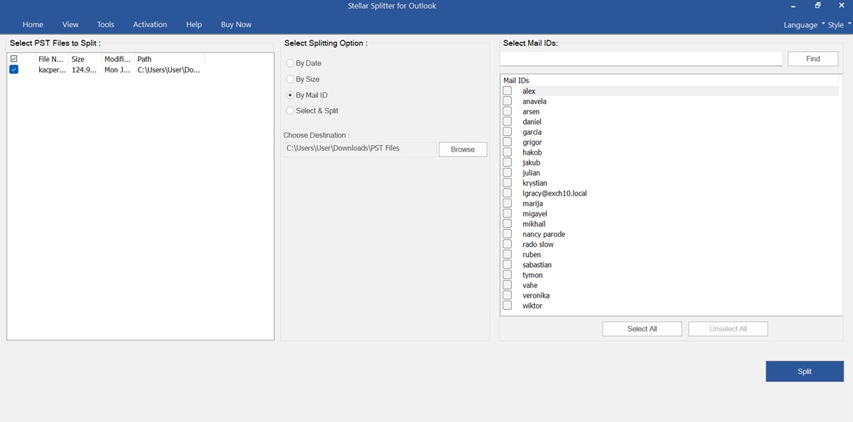 Splitting PST Files by Email ID with Stellar Splitter for Outlook