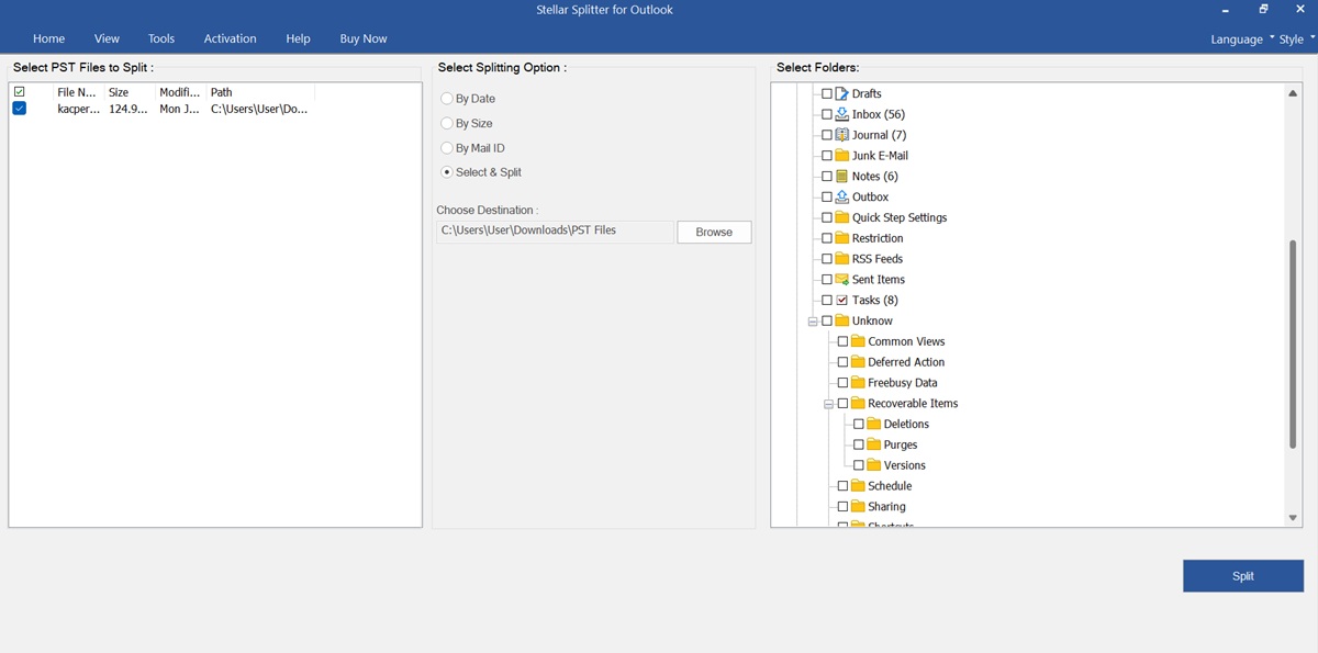 Splitting PST Files by Folder with Stellar Splitter for Outlook