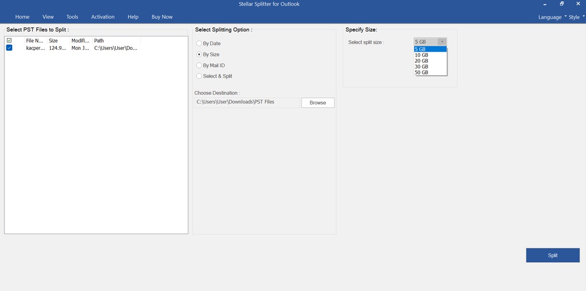 Splitting PST Files by Size with Stellar Splitter for Outlook