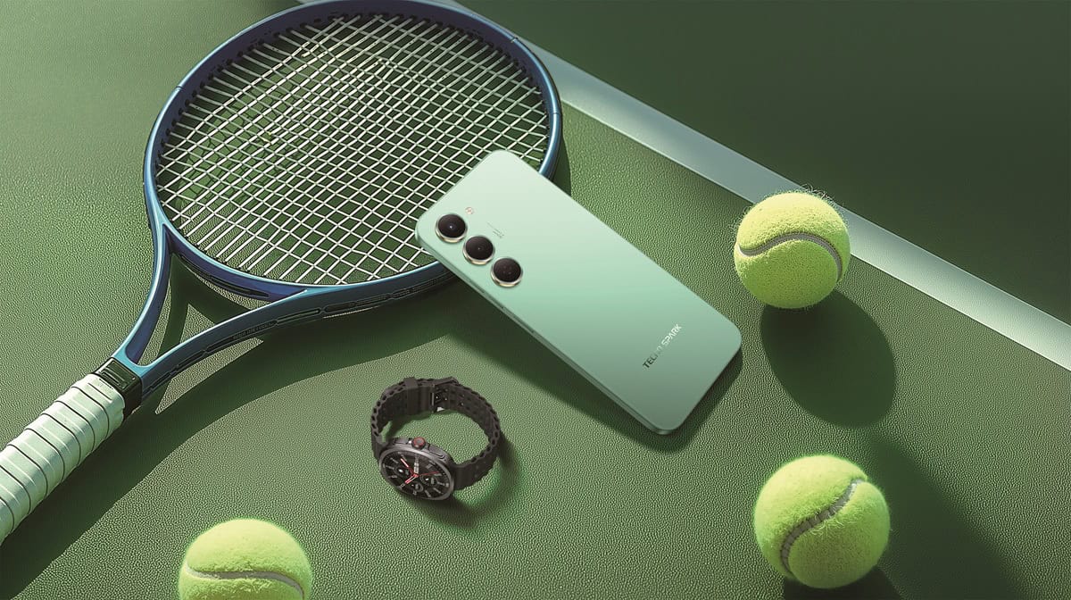 Tecno Spark 40 Pro+ with tennis balls and a racket
