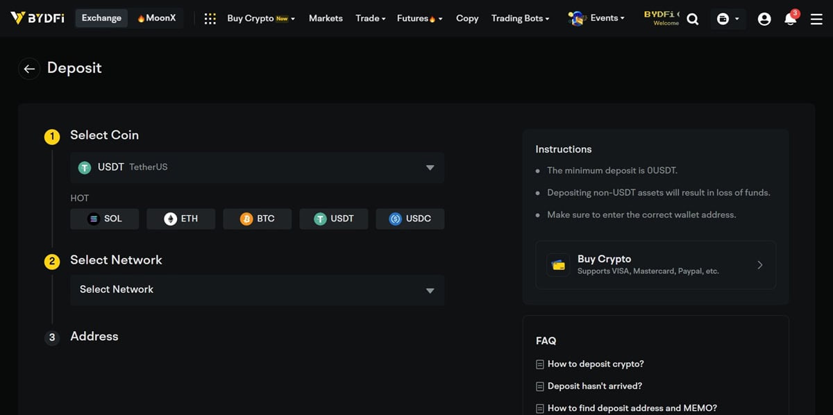 BYDFi Crypto Deposit Page