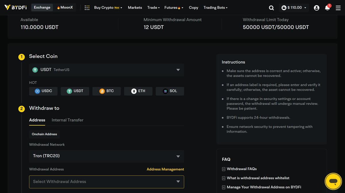 BYDFi Crypto Withdrawal Page