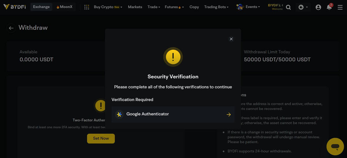 Setting Up Verification for Crypto Withdrawal on BYDFi