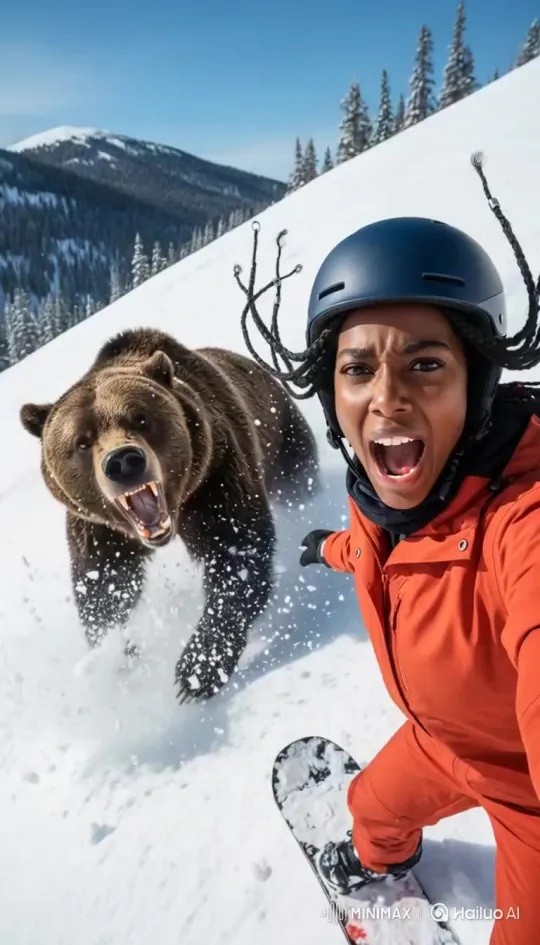 Create Stunning Videos Faster with AI Image to Video Tools 1 Snowboarder encounters bear in snow.