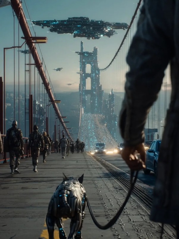 Create Stunning Videos Faster with AI Image to Video Tools 2 Futuristic city with robotic dog.