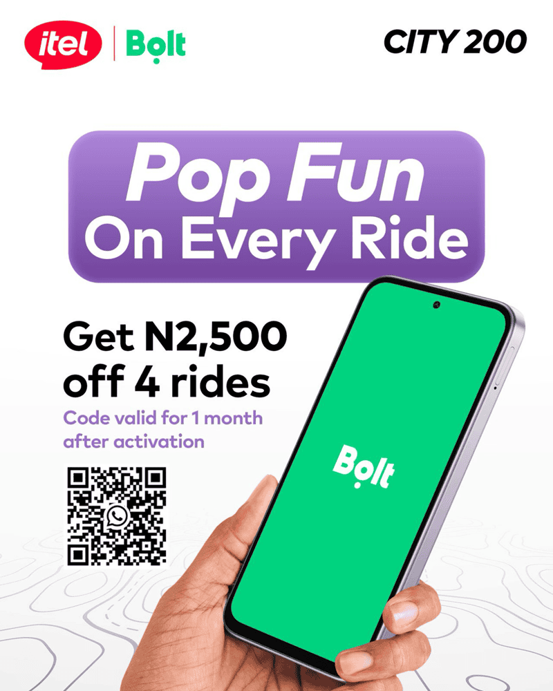 Buy the itel City 200 and get 2,500 NGN off four Bolt rides
