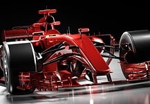 Fast red F1 car on black background