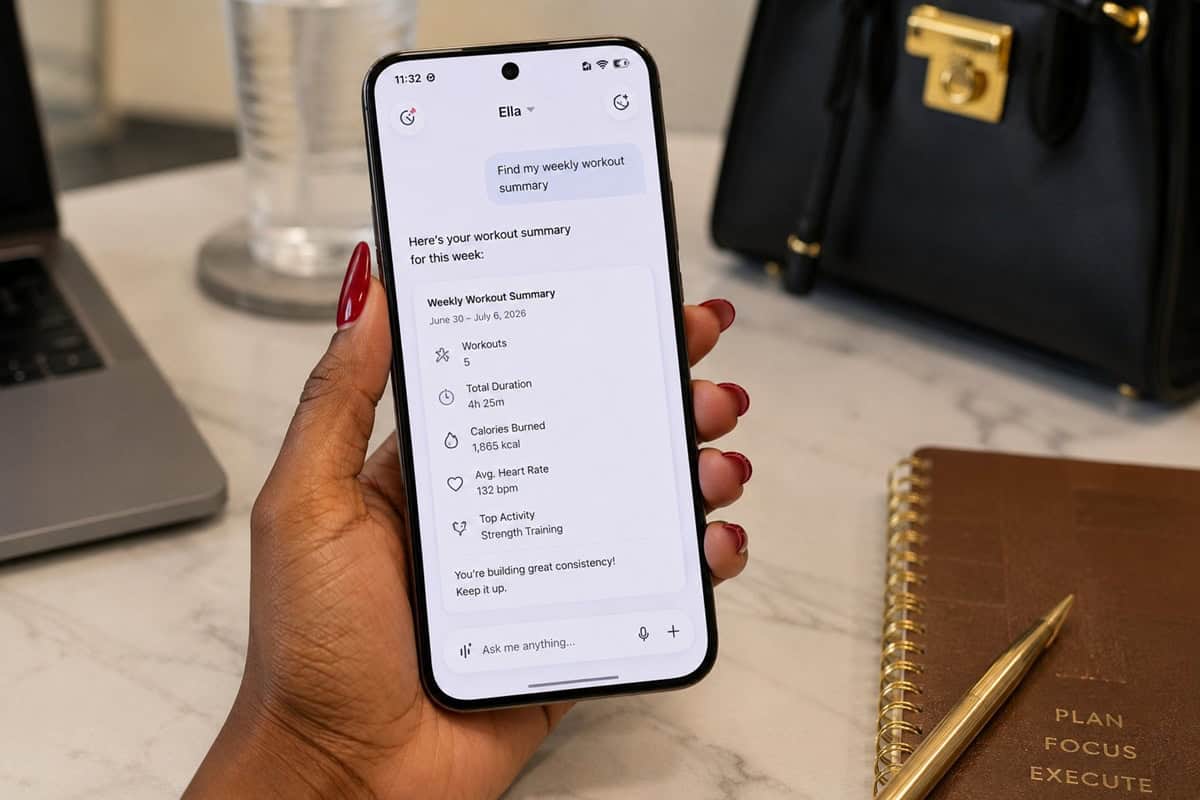Phone displaying weekly workout summary with Tecno EllaClaw