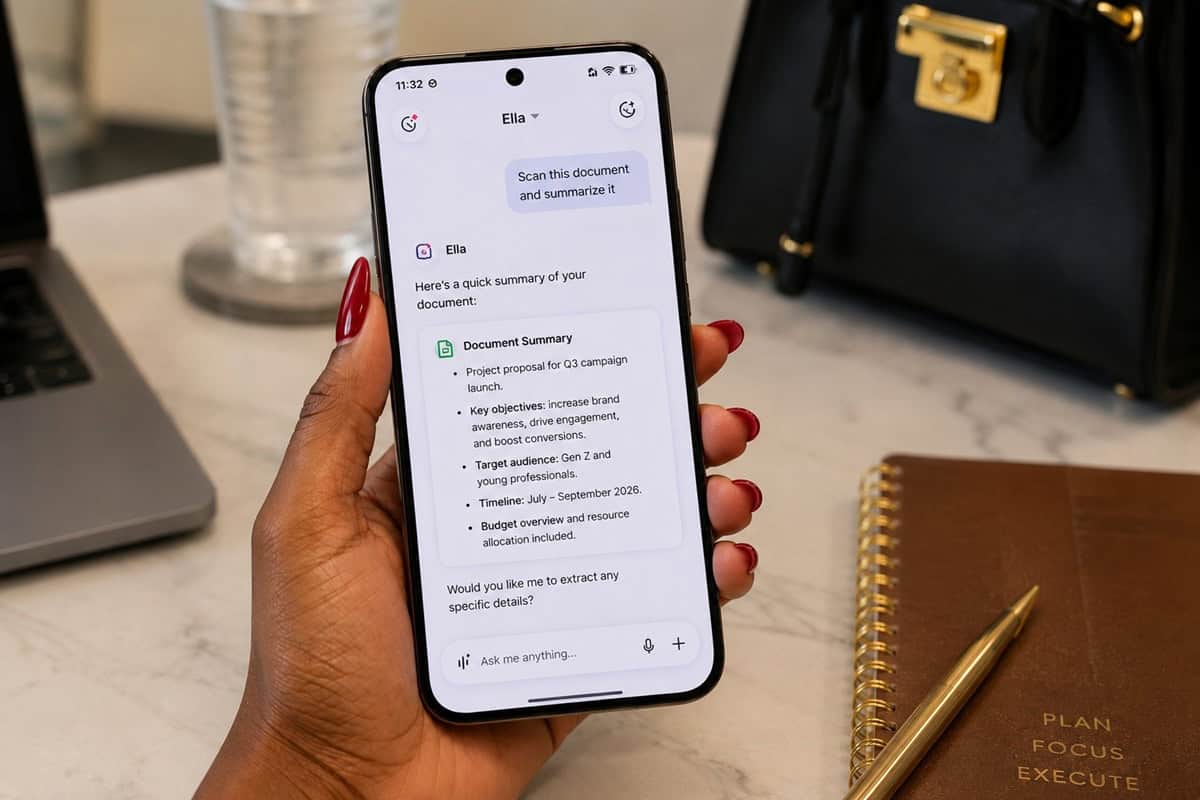 Phone showing document summary interface for Tecno EllaClaw