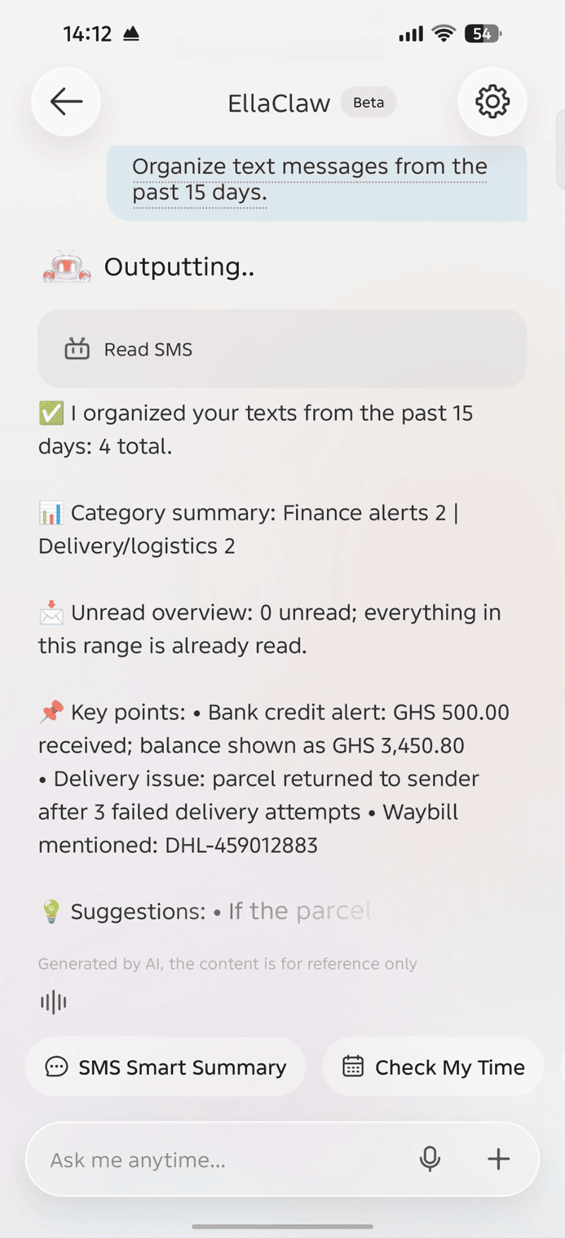 EllaClaw: Smart SMS Summary